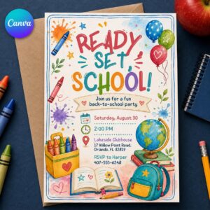Back to School Party Invitation, Ready Set Classroom Bash, Watercolor Supplies Editable Canva Template