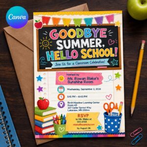 Goodbye Summer Hello School Invitation, Classroom Celebration Party, Colorful Chalkboard Editable Canva Template
