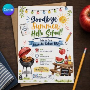 Back to School BBQ Invitation, Goodbye Summer Hello School Cookout, Family Backyard Party Editable Canva Template