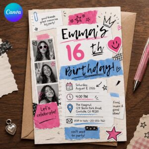 Sweet 16 Birthday Invitation, Teen Girl Photo Collage Scrapbook Party Invite, Pink Y2K Editable Canva Template