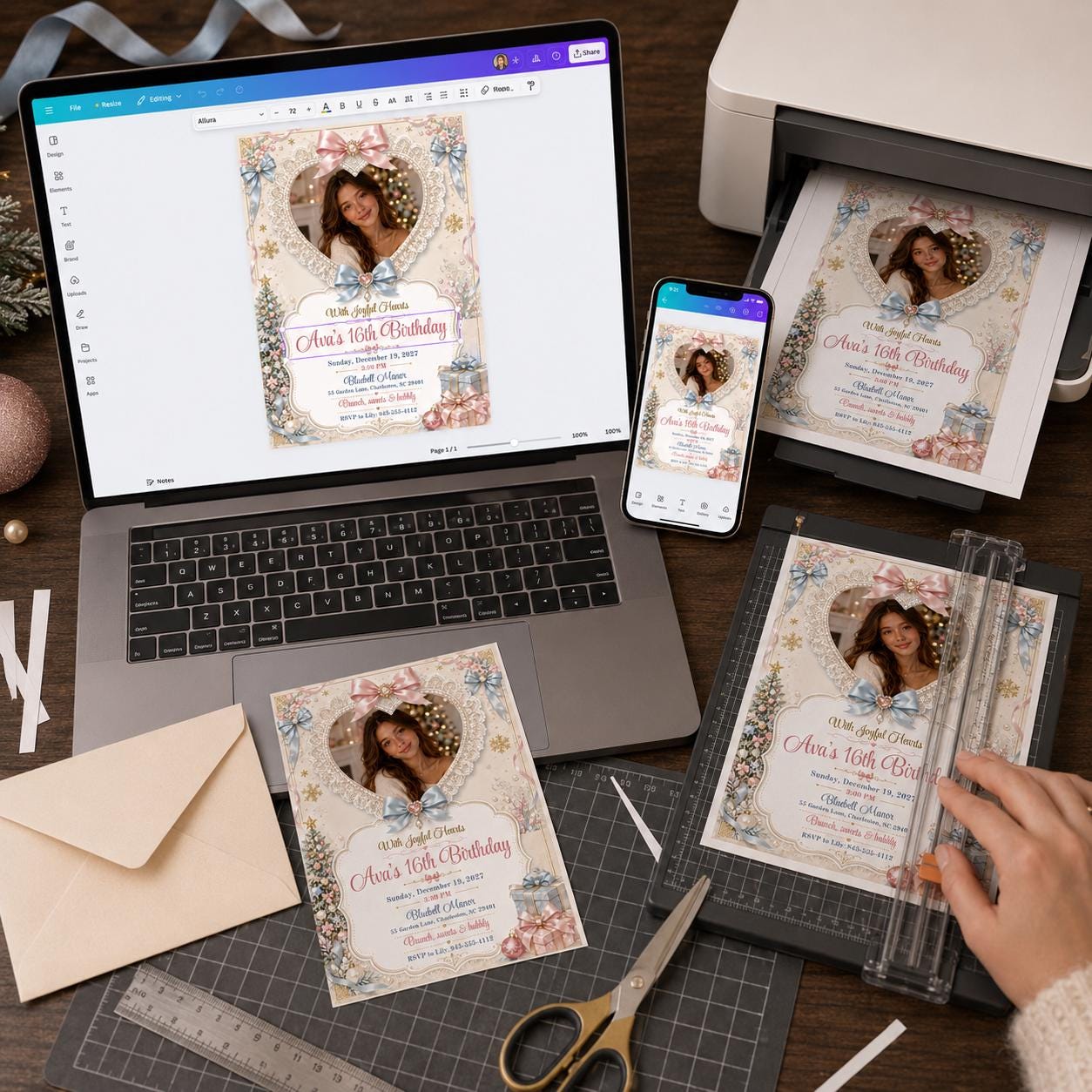 Sweet 16 Birthday Invitation, Christmas Coquette Photo Invite, Pink Blue Bow Lace Holiday Party Canva Template - Image 4