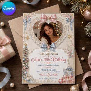 Sweet 16 Birthday Invitation, Christmas Coquette Photo Invite, Pink Blue Bow Lace Holiday Party Canva Template
