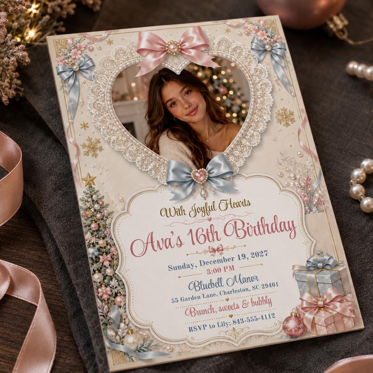 Sweet 16 Birthday Invitation, Christmas Coquette Photo Invite, Pink Blue Bow Lace Holiday Party Canva Template - Image 5