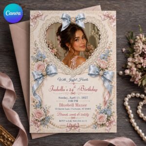 24th Birthday Invitation, Blue Bow Coquette Photo Invite, Lace Pearl Floral Party Editable Canva Template