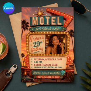 29th Birthday Invitation, Retro Motel Sign Photo Invite, Vintage Palm Springs Party Editable Canva Template