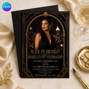 35th Birthday Invitation, Black Tie Art Deco Photo Invite, Black Gold Gatsby Party Editable Canva Template