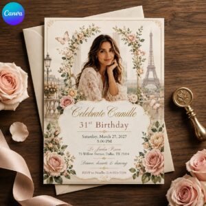 31st Birthday Invitation, Paris Eiffel Tower Photo Invite, Romantic Blush Floral Party Editable Canva Template