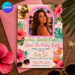 28th Birthday Invitation, Tropical Neon Disco Photo Invite, Pink Miami Pool Party Editable Canva Template