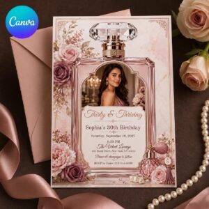 30th Birthday Invitation, Perfume Bottle Photo Invite, Blush Pink Floral Glam Party Editable Canva Template