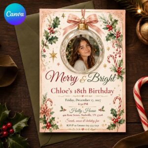 18th Birthday Invitation, Pink Christmas Ornament Photo Invite, Merry and Bright Holiday Party Editable Canva Template