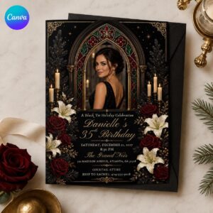 35th Birthday Invitation, Black Tie Christmas Photo Invite, Elegant Gothic Holiday Party Editable Canva Template