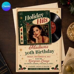 30th Birthday Invitation, Vintage Christmas Vinyl Record Photo Invite, Retro Holiday Party Editable Canva Template