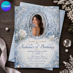 21st Birthday Invitation, Winter Wonderland Photo Invite, Blue Silver Snowflake Party Editable Canva Template