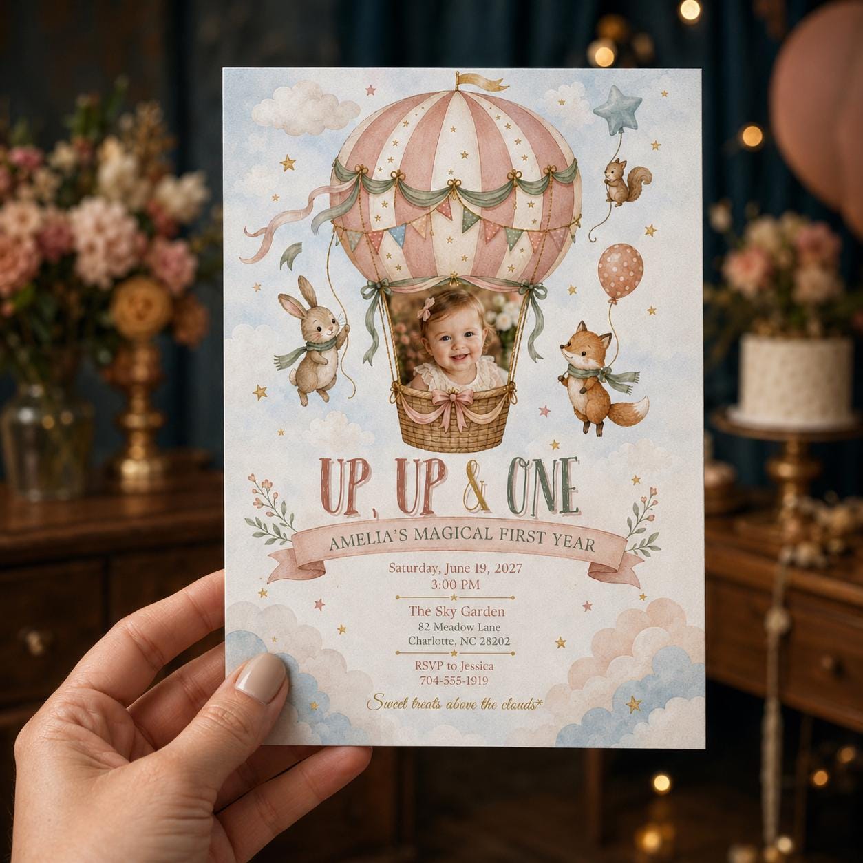 Hot Air Balloon First Birthday Invitation, Up Up and Away Girl Photo Invite, Pastel Editable Canva Template - Image 4