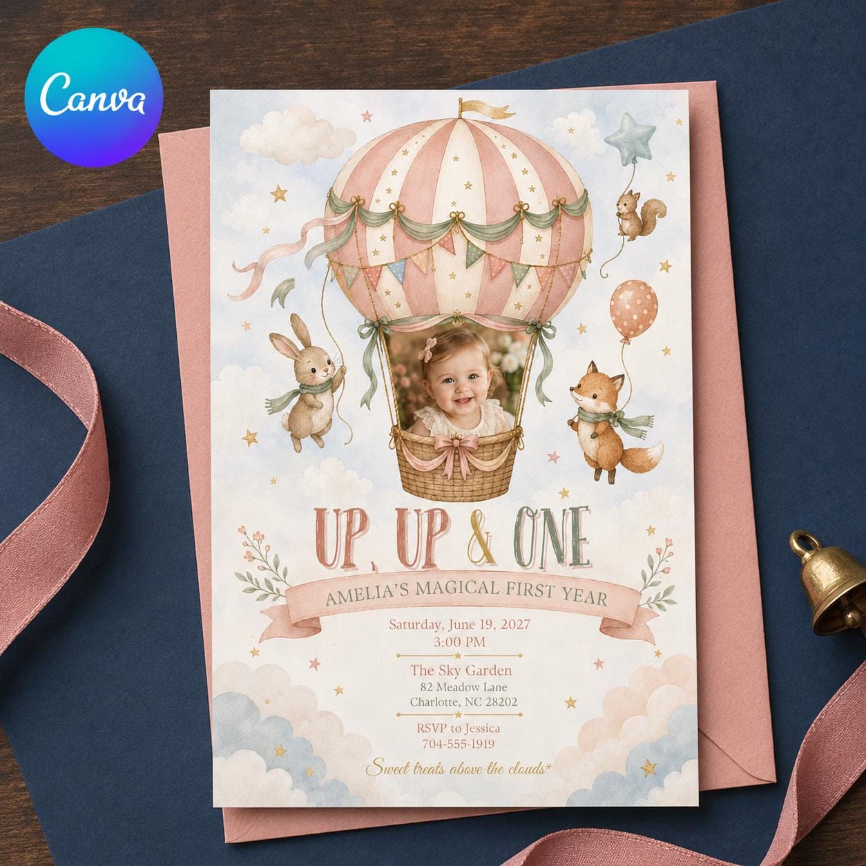 Hot Air Balloon First Birthday Invitation, Up Up and Away Girl Photo Invite, Pastel Editable Canva Template