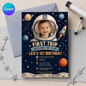 First Trip Around the Sun Invitation, Space Astronaut Photo 1st Birthday Invite, Editable Canva Template