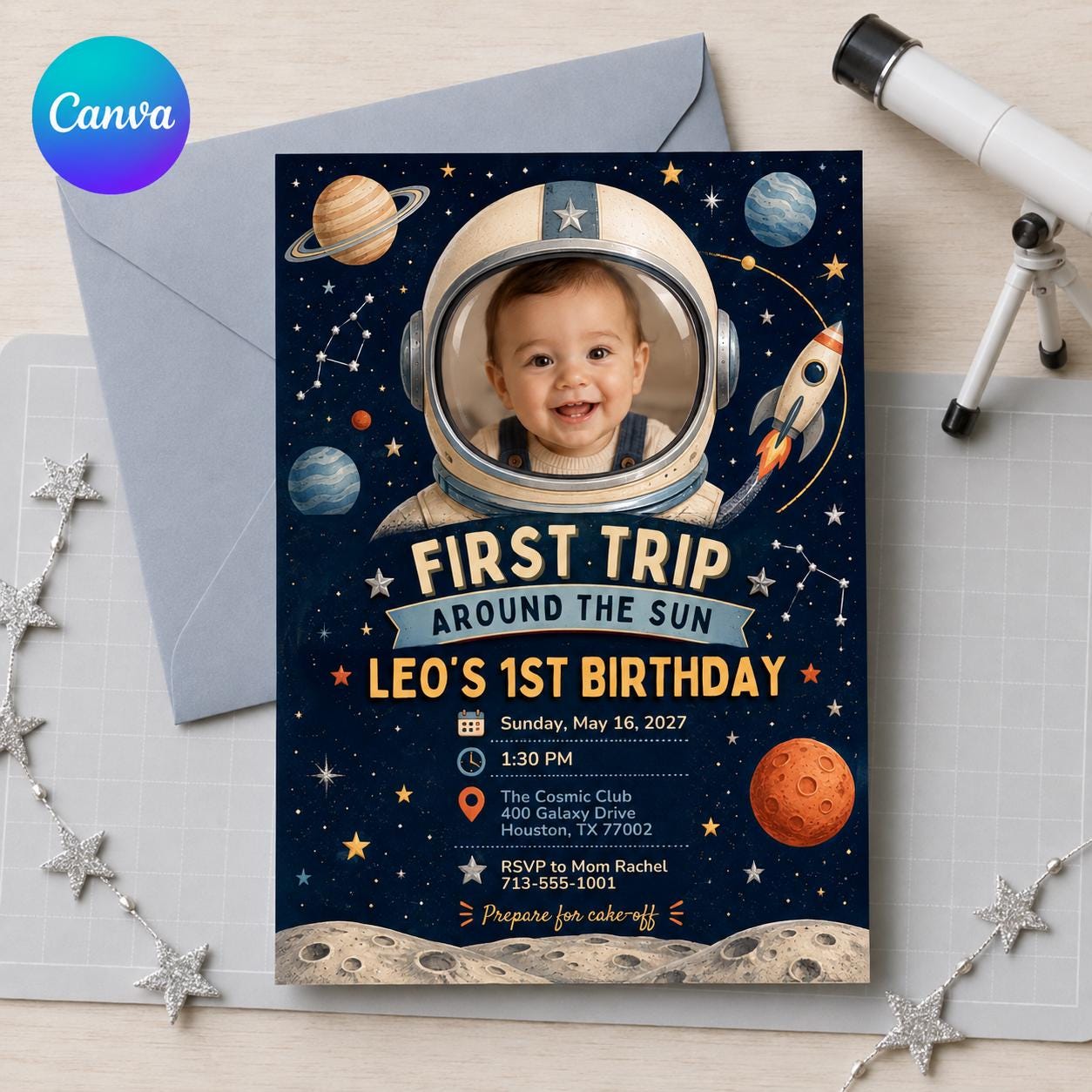 First Trip Around the Sun Invitation, Space Astronaut Photo 1st Birthday Invite, Editable Canva Template