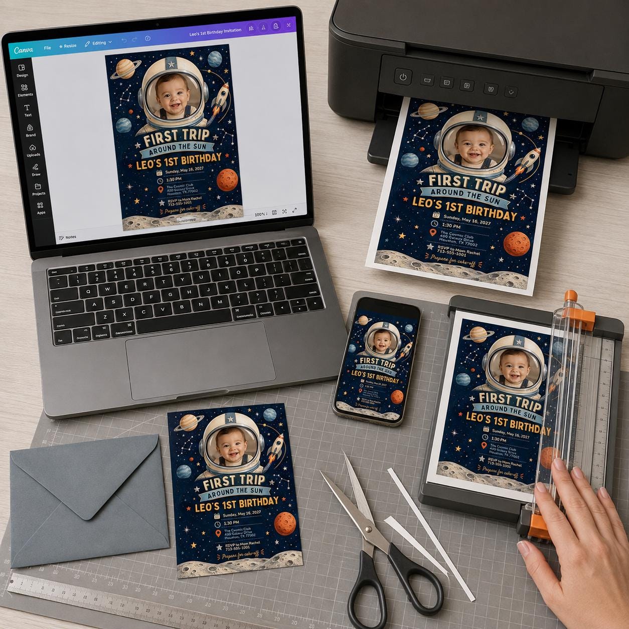 First Trip Around the Sun Invitation, Space Astronaut Photo 1st Birthday Invite, Editable Canva Template - Image 5