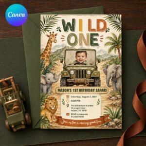 Wild One First Birthday Invitation, Safari Photo Boy Invite, Jungle Animals Editable Printable Canva Template