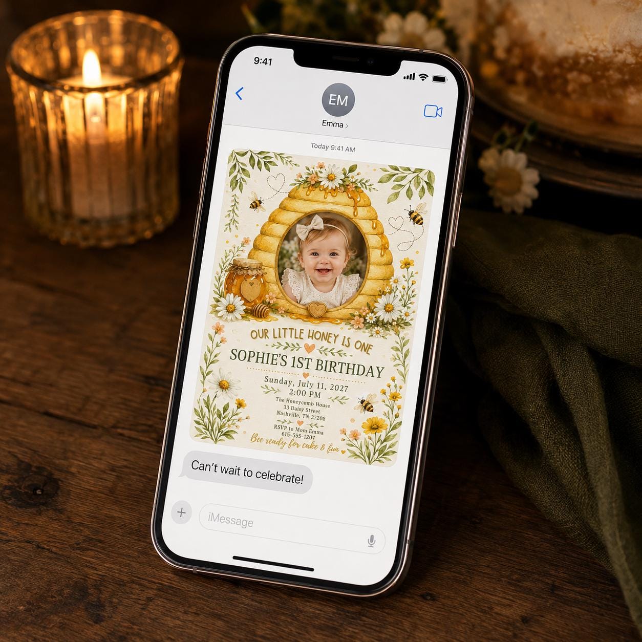 Bee First Birthday Invitation, Our Little Honey Photo Invite, Daisy Bumble Bee Party Editable Printable Canva Template - Image 3