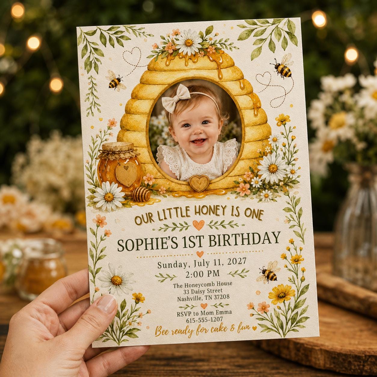 Bee First Birthday Invitation, Our Little Honey Photo Invite, Daisy Bumble Bee Party Editable Printable Canva Template - Image 4