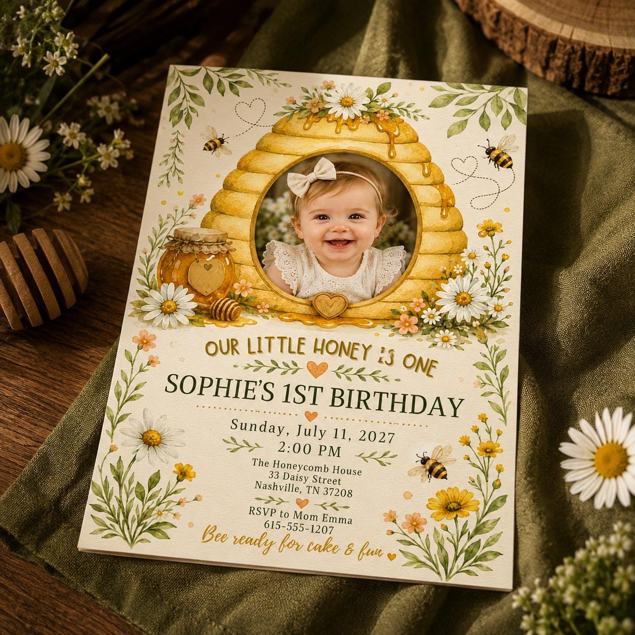 Bee First Birthday Invitation, Our Little Honey Photo Invite, Daisy Bumble Bee Party Editable Printable Canva Template - Image 6