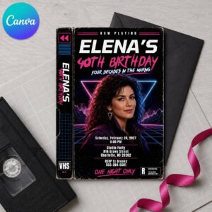 40th Birthday Invitation, Retro VHS Photo Invite, 80s Neon Throwback Party Editable Printable Canva Template