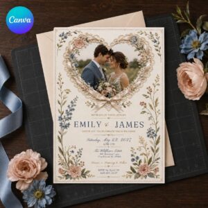 Vintage Floral Wedding Invitation, Lace Heart Photo Wedding Invite, Romantic Editable Printable Canva Template