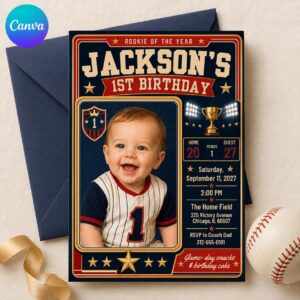 Rookie of the Year 1st Birthday Invitation, Sports Photo Boy Birthday Invite, Editable Printable Canva Template