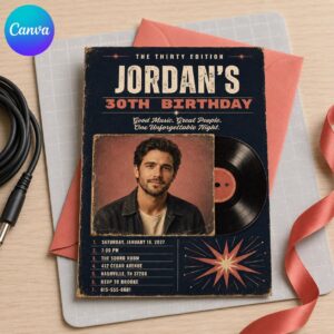 30th Birthday Invitation, Vintage Vinyl Record Photo Invite for Him, Retro Music Party Editable Canva Template