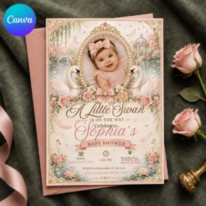 Swan Baby Shower Invitation, Pink Princess Photo Invite, Elegant Floral Girl Shower Editable Canva Template