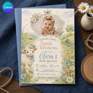 Little Lamb Baby Shower Invitation, Floral Meadow Photo Invite, Pastel Girl Shower Editable Canva Template