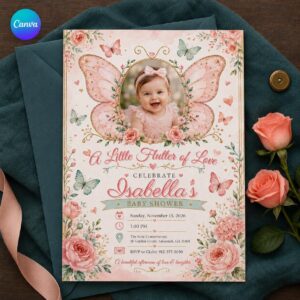 Butterfly Baby Shower Invitation, Pink Floral Photo Invite, Little Butterfly Girl Shower Editable Canva Template