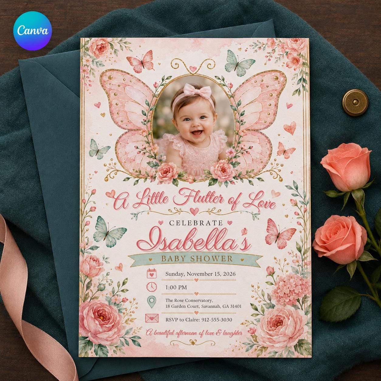 Butterfly Baby Shower Invitation, Pink Floral Photo Invite, Little Butterfly Girl Shower Editable Canva Template