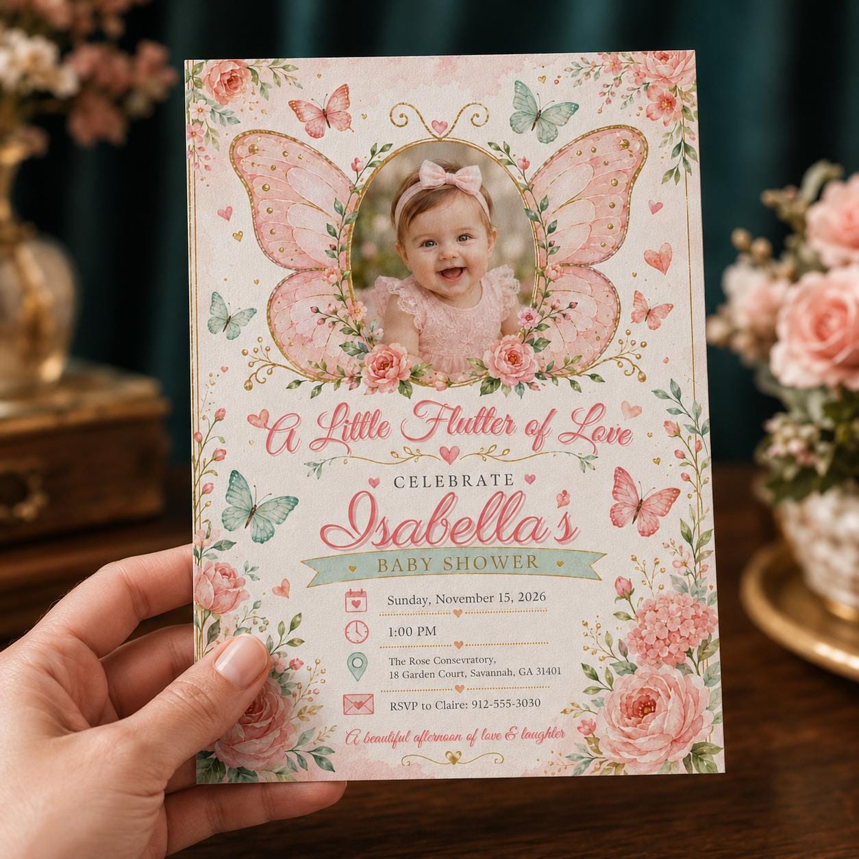 Butterfly Baby Shower Invitation, Pink Floral Photo Invite, Little Butterfly Girl Shower Editable Canva Template - Image 3