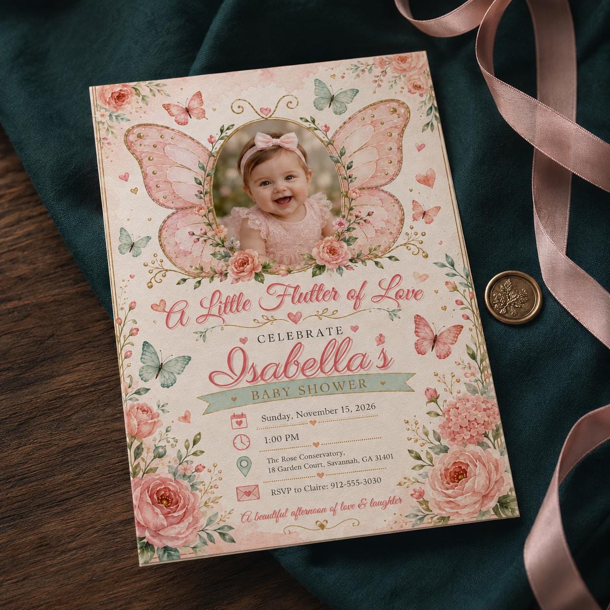 Butterfly Baby Shower Invitation, Pink Floral Photo Invite, Little Butterfly Girl Shower Editable Canva Template - Image 6