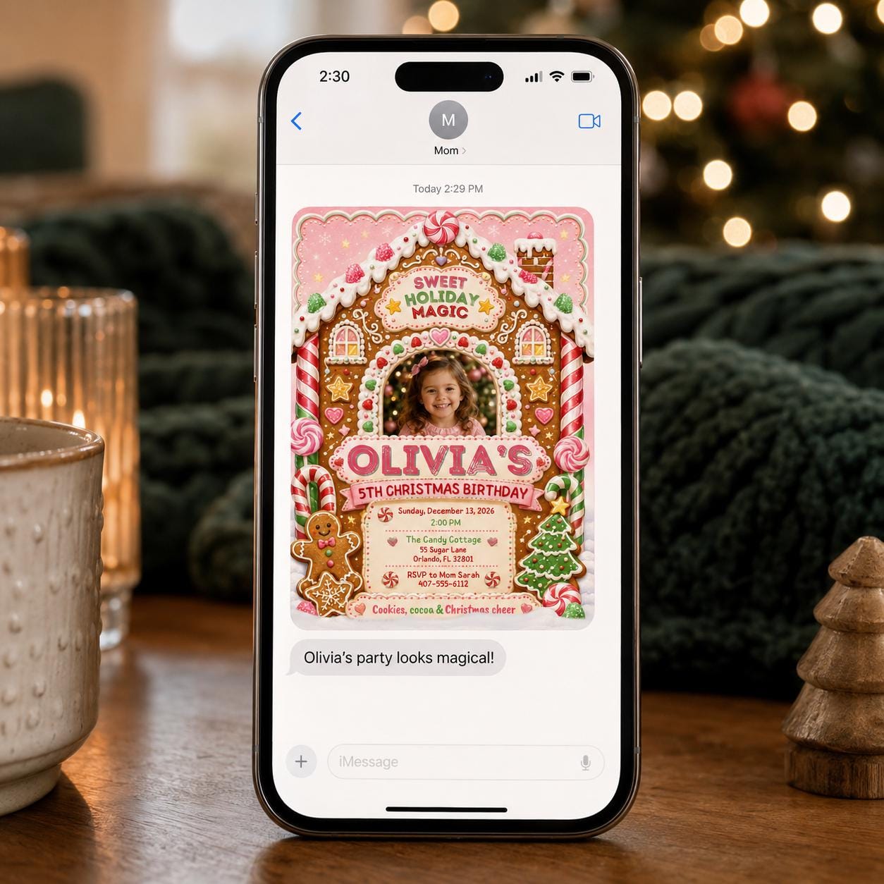 Gingerbread Christmas Birthday Invitation, Pink 5th Birthday Holiday Party Invite, Kids Editable Canva Template - Image 6