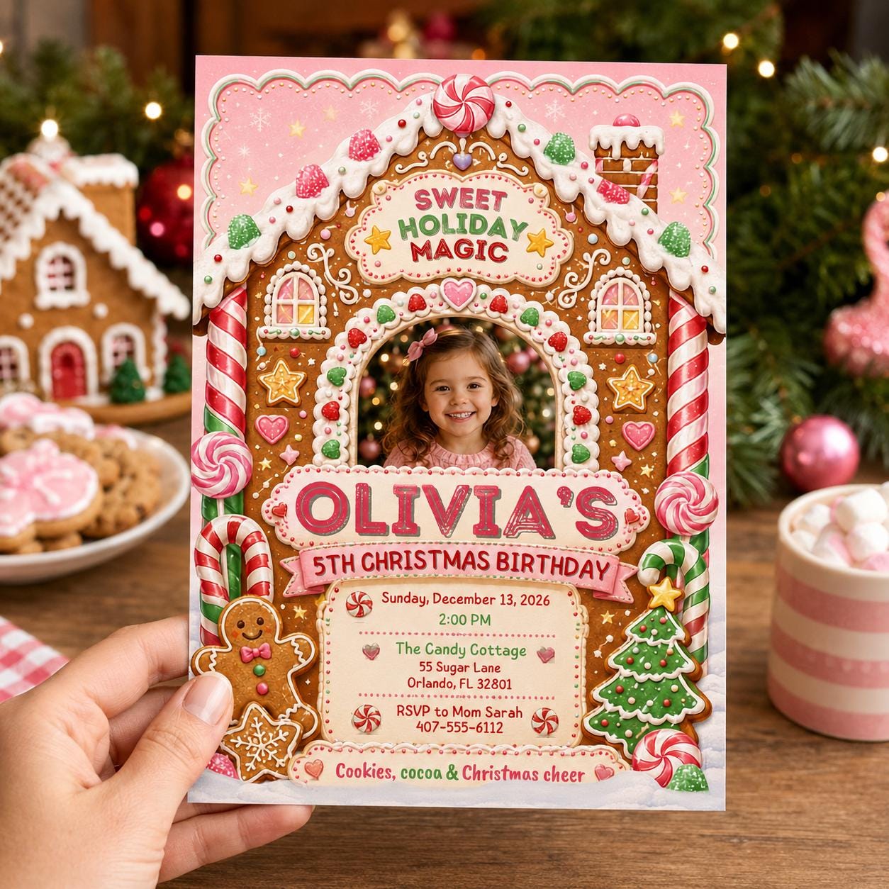 Gingerbread Christmas Birthday Invitation, Pink 5th Birthday Holiday Party Invite, Kids Editable Canva Template - Image 5
