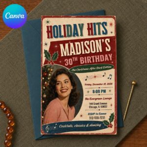 Christmas 30th Birthday Invitation, Retro Holiday Party Invite, Vintage Record Christmas Editable Canva Template