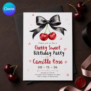 Cherry Birthday Invitation, Cherry Sweet Girl Party Invite, Red Bow Coquette Editable Printable Canva Template