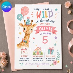 Giraffe Birthday Invitation, Wild Five Girl Party Invite, Pastel Safari Watercolor Editable Printable Canva Template