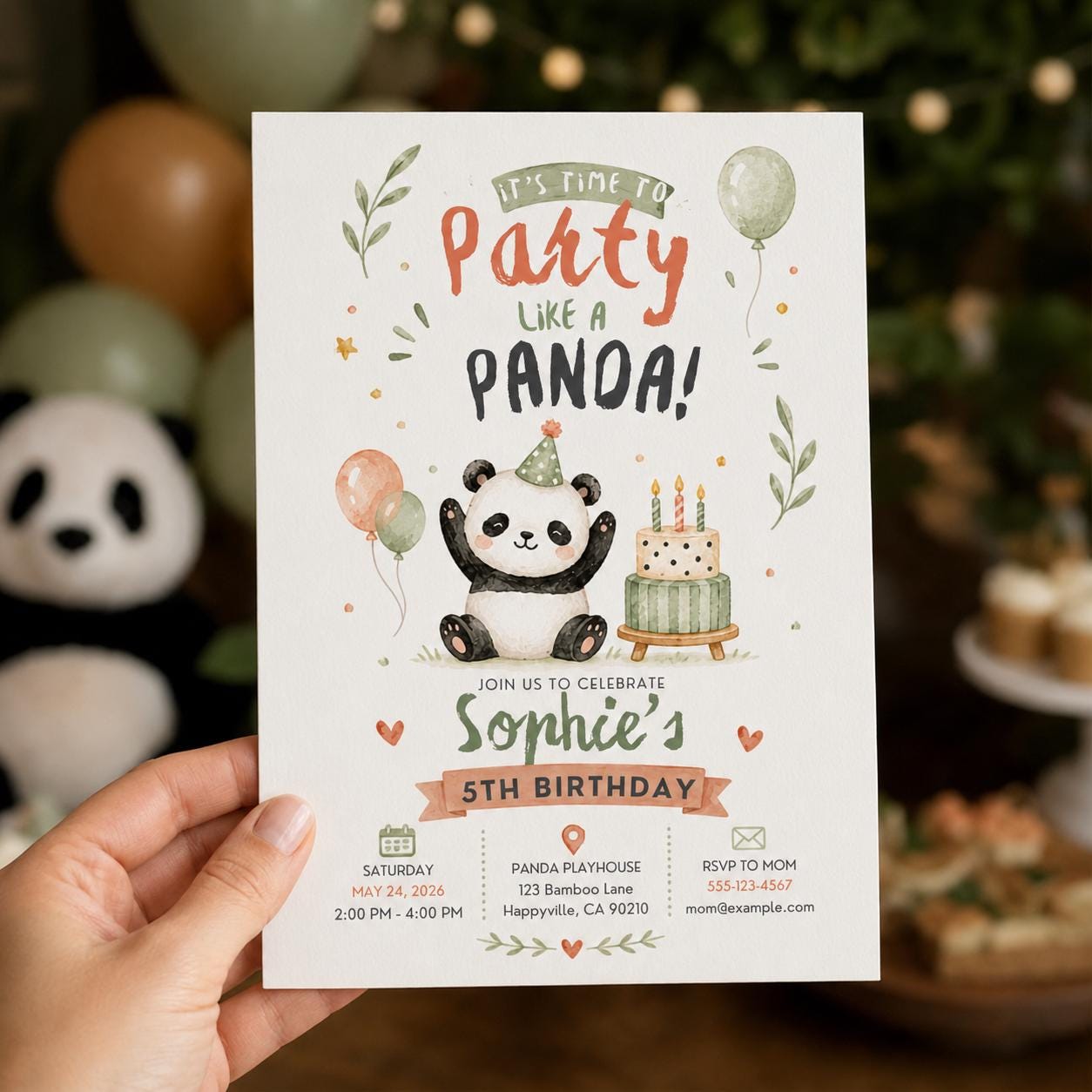 Panda Birthday Invitation, 5th Birthday Party Invite, Cute Watercolor Panda Editable Printable Canva Template - Image 4