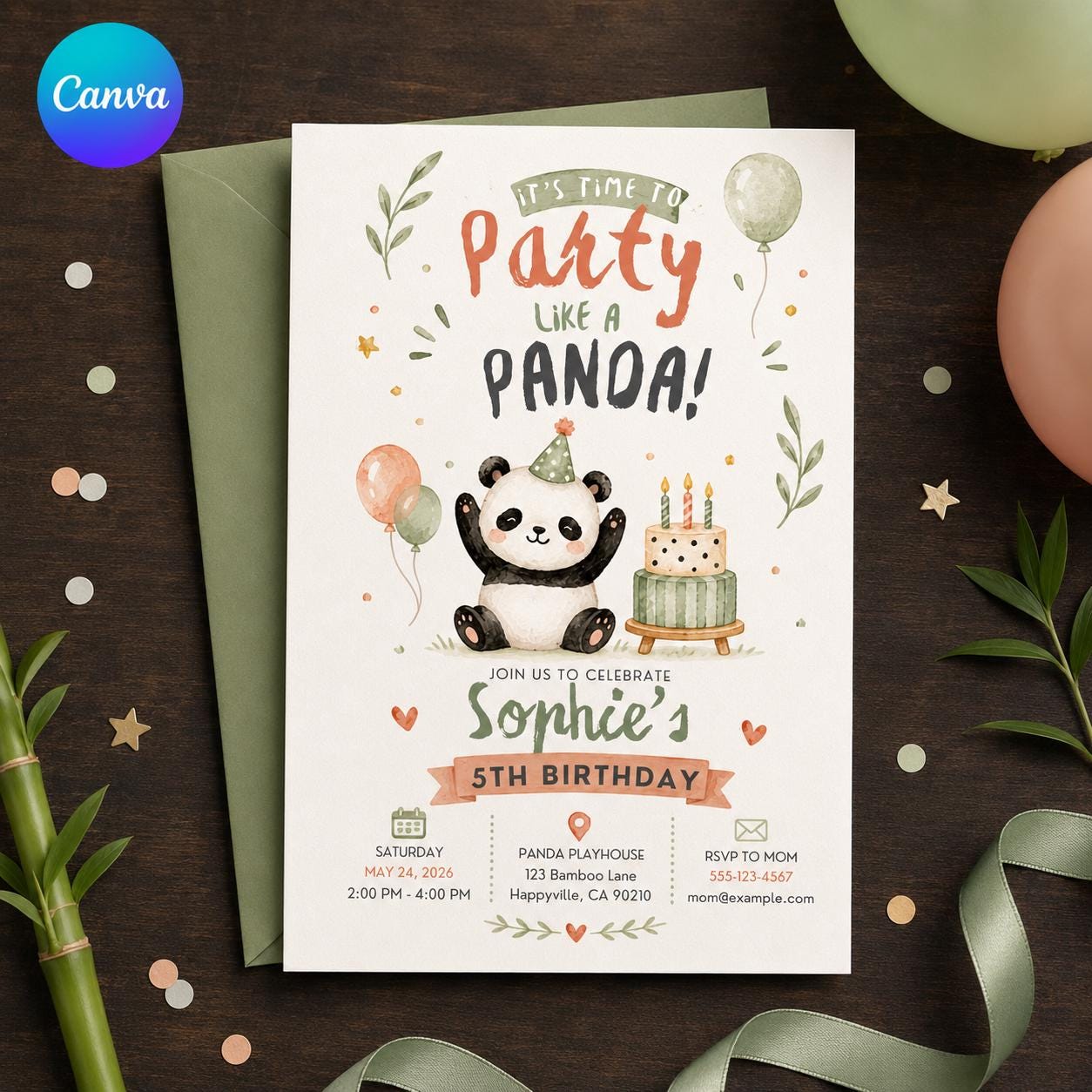 Panda Birthday Invitation, 5th Birthday Party Invite, Cute Watercolor Panda Editable Printable Canva Template