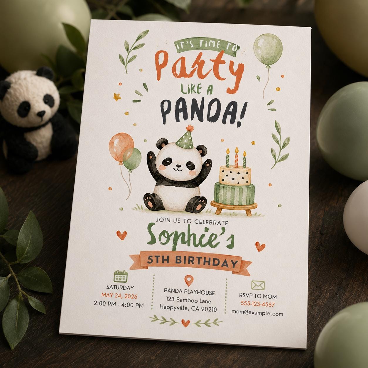Panda Birthday Invitation, 5th Birthday Party Invite, Cute Watercolor Panda Editable Printable Canva Template - Image 6