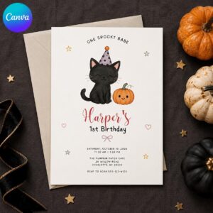 Spooky One Birthday Invitation, Black Cat Halloween First Birthday Party, Pumpkin Editable Printable Canva Template