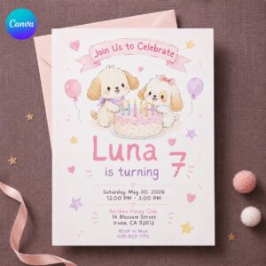 Puppy Birthday Invitation, Girl 7th Birthday Party, Pastel Watercolor Dog Editable Printable Canva Template