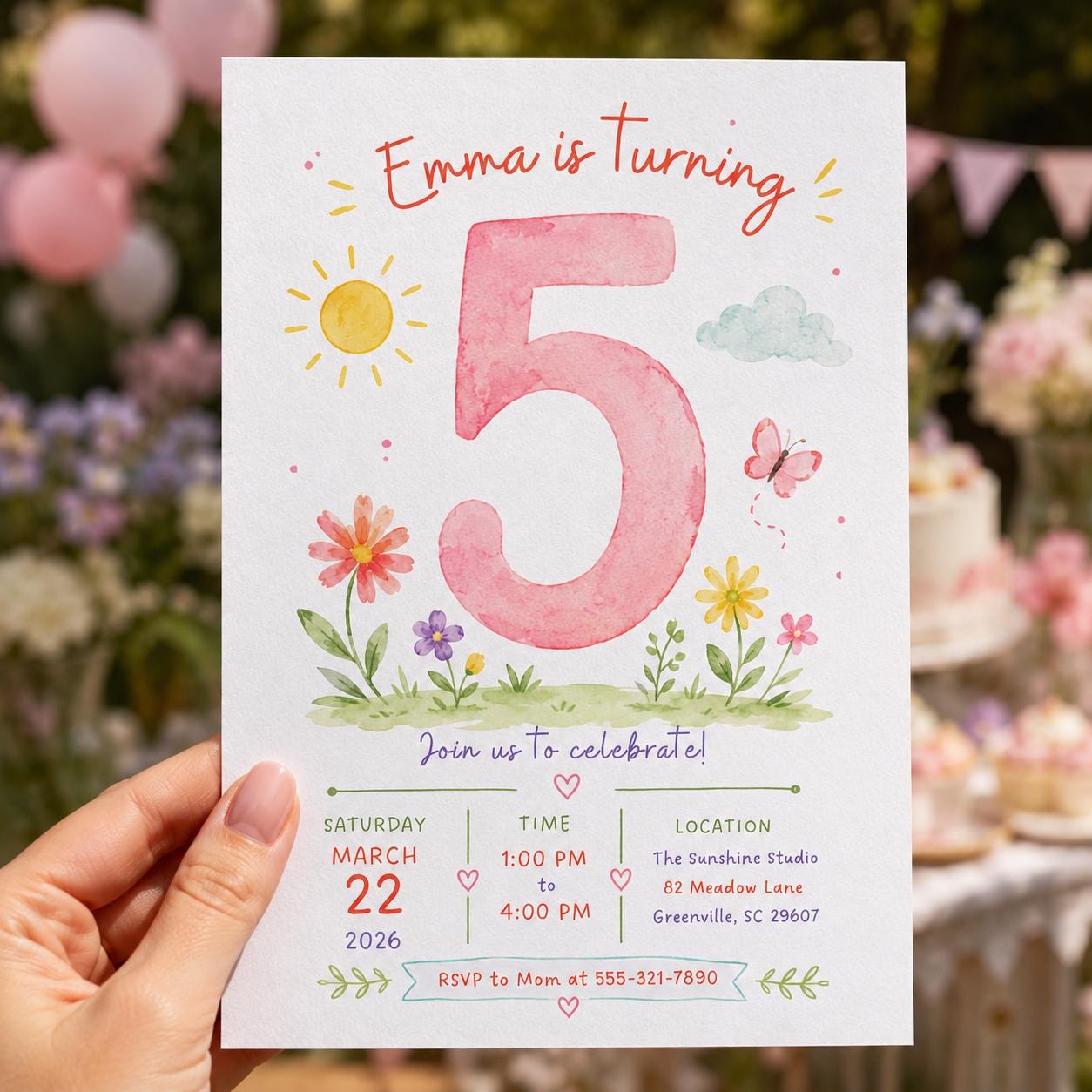 5th Birthday Girl Invitation, Floral Watercolor Party Invite, Butterfly Garden Editable Printable Canva Template - Image 4