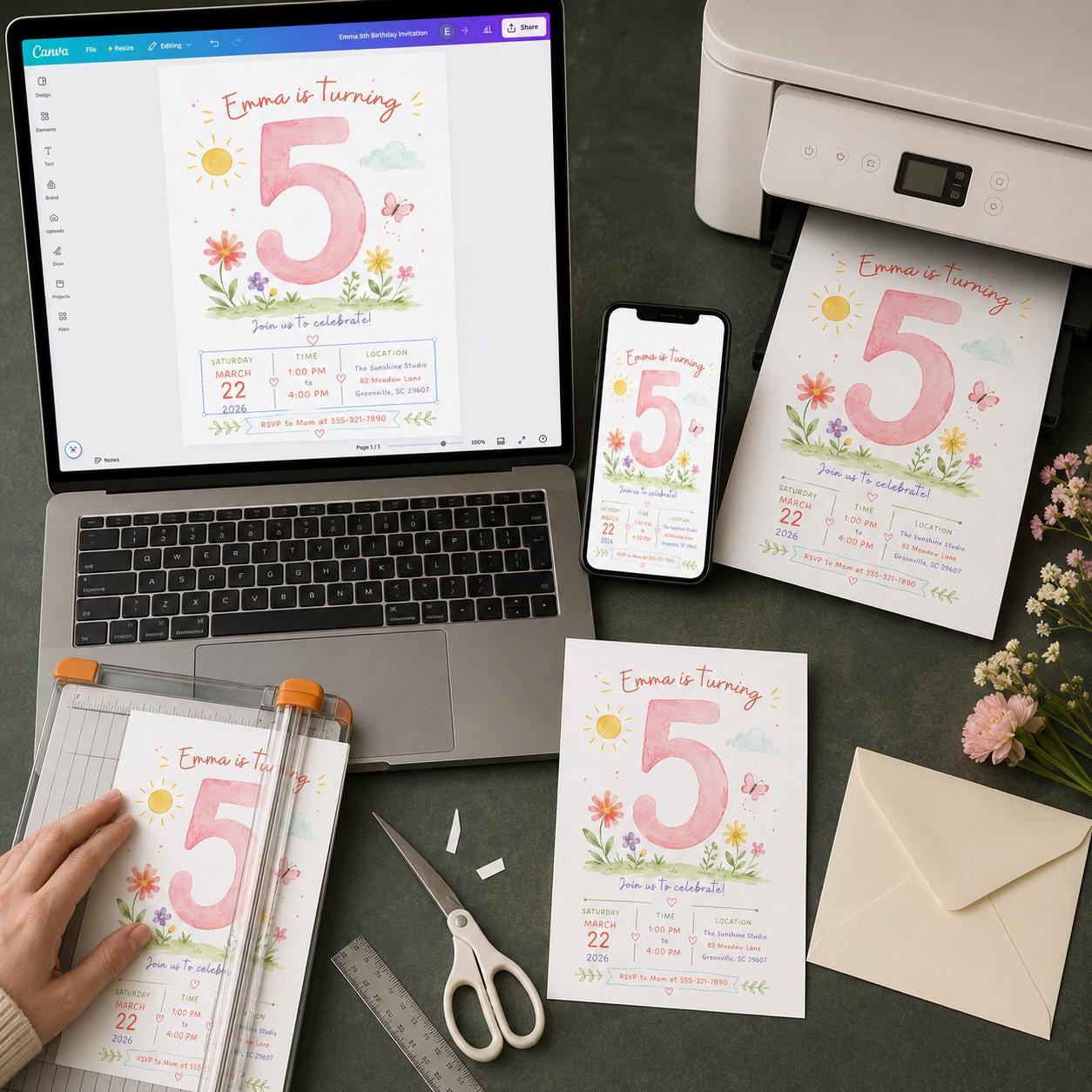5th Birthday Girl Invitation, Floral Watercolor Party Invite, Butterfly Garden Editable Printable Canva Template - Image 5