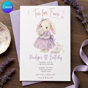 Bunny Tea Party Invitation, Tea for Four 4th Birthday Girl, Lavender Watercolor Editable Printable Canva Template