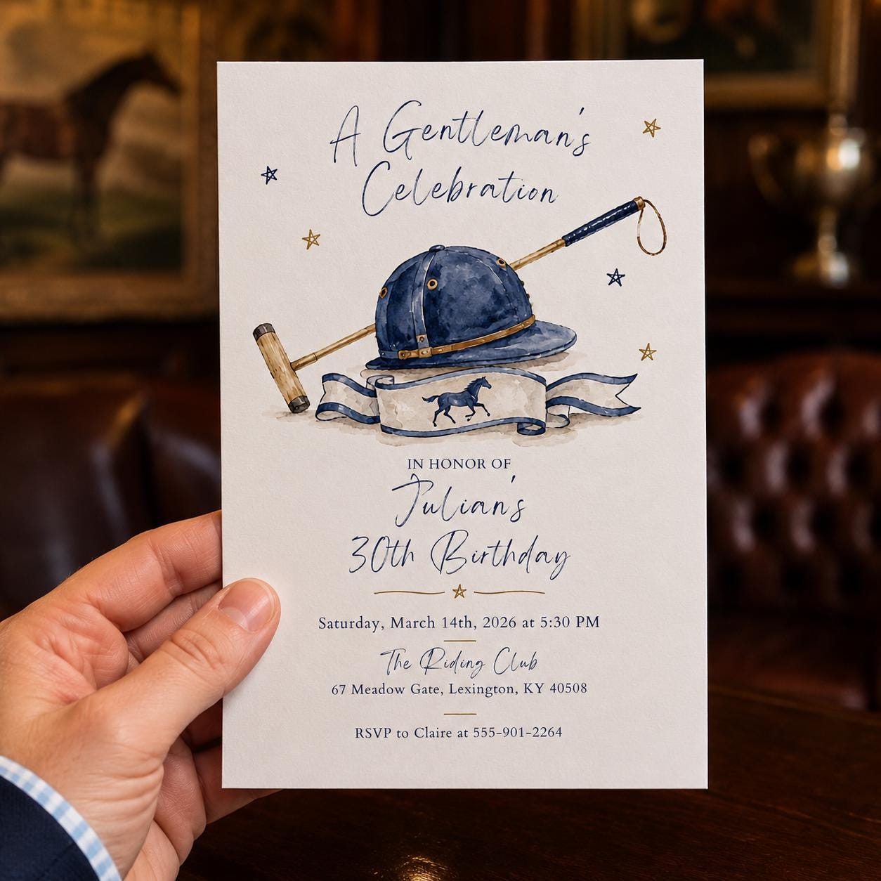Equestrian 30th Birthday Invitation, Gentleman Horse Riding Celebration, Navy Gold Editable Printable Canva Template - Image 4